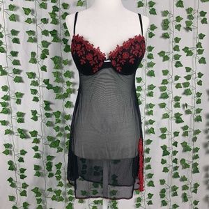 Delicates Black Sheer Teddy Dress with Red Details